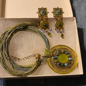 Green and Turquoise Bohemian Pendant Necklace with Matching Earrings